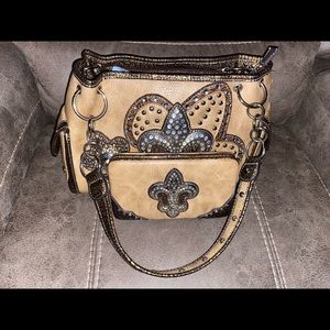 Womens Fluer De Lis Embellished Purse/Wallet Set